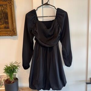 Black Long-Sleeve Draped Mini Dress